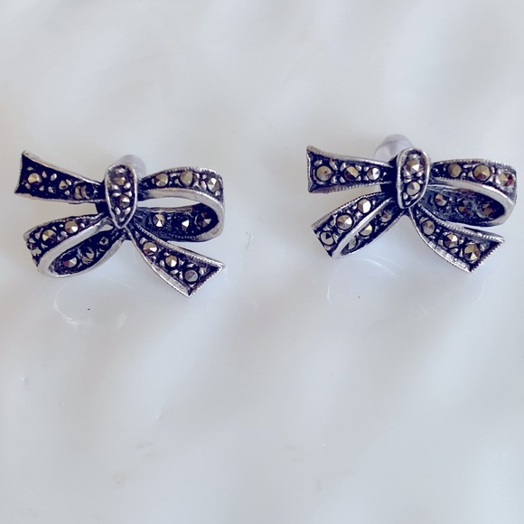 Sterling Silver and Marcasite Bow on post Earrings - Picture 7 of 8